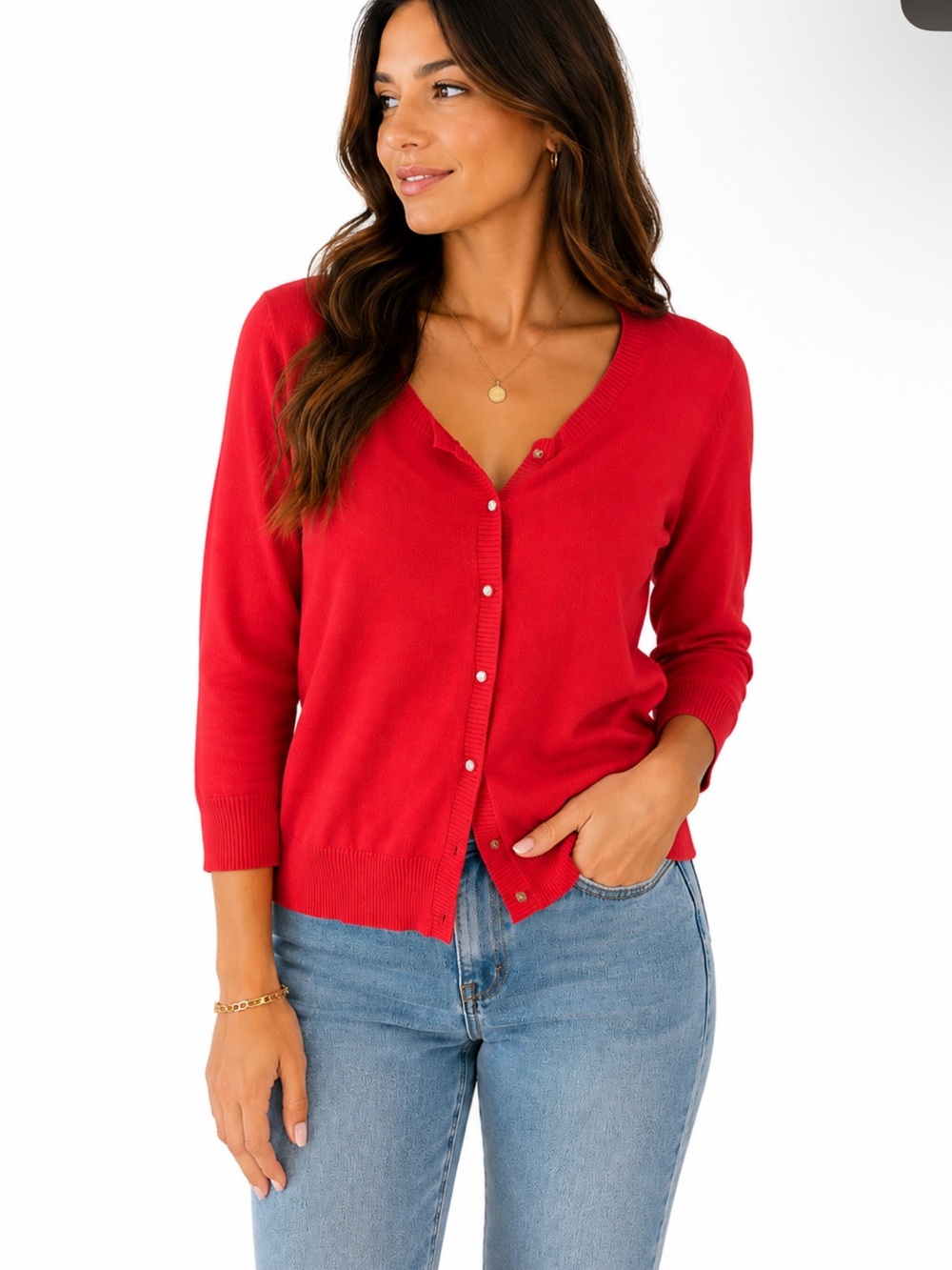 Joseph A Bright Red Pearl-Button Cardigan